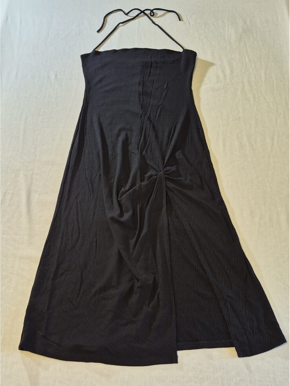 Reformation Square Neck Halter Black Dress Sz M MIDI Rib Knit Side Slit